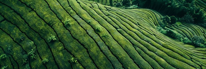 Fototapeta premium Tea field green plantation agriculture background top leaf farm landscape pattern drone. 