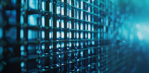 Abstract blue grid pattern with light reflections creating a futuristic design
