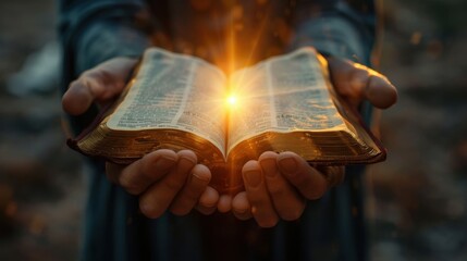 hands hold an open Bible, the sun's rays fall on the Bible.