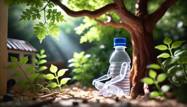 A plastic bottle figure in a contemplative pose, sitting under a large, shady tree with dappled sunlight filtering through the leaves.