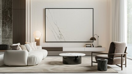 Modern Living Room with White Sofa and Brown Armchair