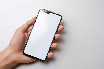 Smartphone mockup on hand with white blank screen created with Generative AI
