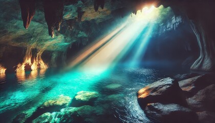 A close-up shot of a beam of sunlight penetrating through the cave opening, illuminating the turquoise water and creating a magical atmosphere.