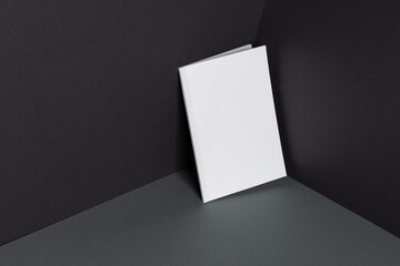 A blank book stands upright against a dark backdrop, with copy space © vectorfusionart