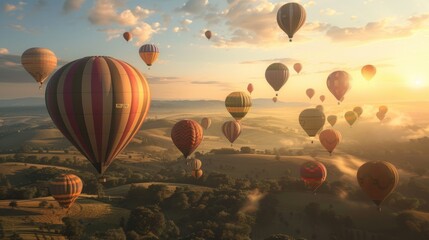 Naklejka premium Sunrise Hot Air Balloon Flight Over Lush Landscape