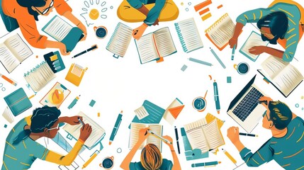 Students brainstorming extracurricular ideas in journals, flat design illustration