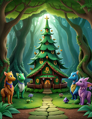 Fototapeta premium A magical forest made of paper cutouts, with mythical creatures, enchanted trees, and hidden fairy houses, creating a fantastical and enchanting world 