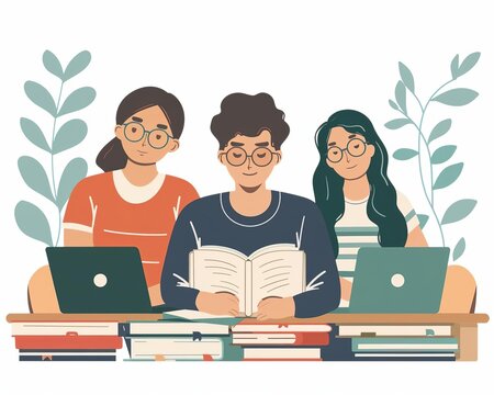 Students sharing journal entries about extracurriculars, flat design illustration