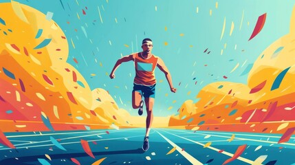 Athlete on world stage, racing track, gold victory, flat design illustration