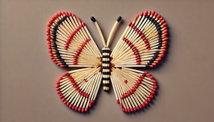 A butterfly with detailed wings made of matchsticks, displaying a blend of vibrant red-tipped and blackened matches to create patterns.