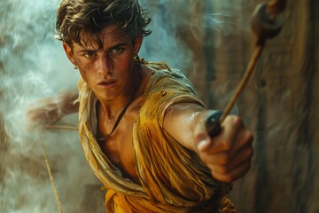 David with a slingshot in his hand, Bible story.	