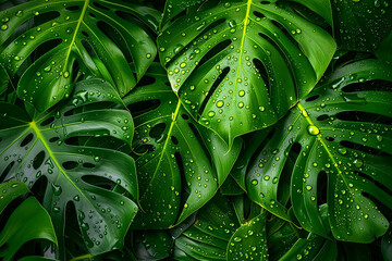 Fototapeta premium Close-up of fresh green leaves with water droplets, highlighting nature's vitality and purity. The details of the leaves and droplets are in sharp focus.