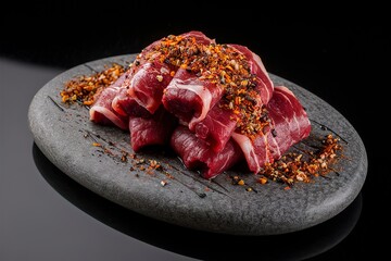 raw beef, delicately arranged on a stone board