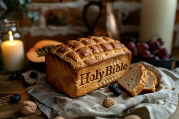 A loaf of bread with text 