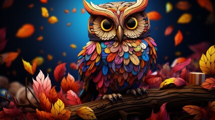 Colorful Owl in an Autumnal Forest