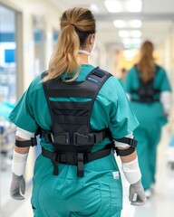 Nurse using exoskeleton hardware for lifting and moving patients, breakthrough, reduced injury risk