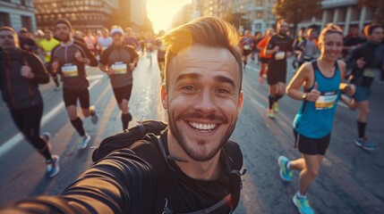 Fototapeta premium Happy man taking selfie with group of people running in a city marathon race.