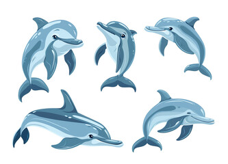 Naklejka premium Funny dolphin in different poses. Color illustrations set on isolated background