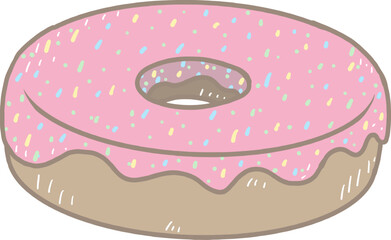 Cartoon chocolate donut with a hole in the middle coated with strawberry-flavored sugar. and sprinkle rainbow