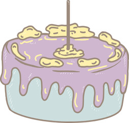 Cartoon birthday cake decorated in cartoon shape topped with purple cream. and decorated with yellow icing. The cake is blue. There is one candle