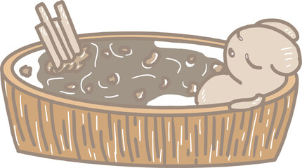 Cartoon of chocolate fondue mixed with crackers, a bread bear soaked in it, and Pocky in a wooden bowl shaped like a water bowl