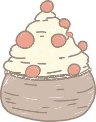 Cartoon soft cream in a round wooden cup decorated with round cherries