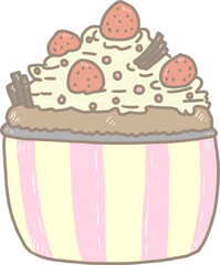 Cartoon chocolate cake in a cute pink and yellow cup decorated with whipped cream, strawberries, and chocolate bars. and sprinkle candy seeds