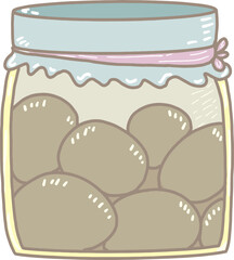 Cartoon cookies in a glass jar, closed with a blue cloth. and tie a pink bow