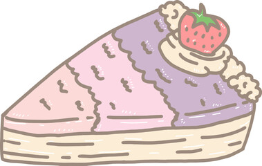 Cartoon triangular cake in pink, purple, orange, topped with cream and decorated with strawberries