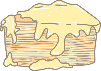 Cartoon multi-layer crepe cake with orange flavor alternating between light and dark colors and topped with orange sauce