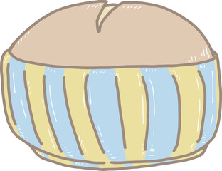 Cartoon baked bread in a round blue-yellow cup The dough is beautifully round and light brown in color