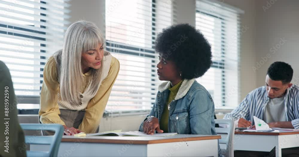 Aufkleber Conversation, education and teacher helping student for knowledge, learning and support in classroom. Girl learner, question and educator lady for explain physics solution, problem solving and answer