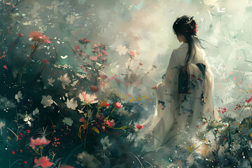 Woman in White Kimono Walking Through a Floral Garden Illustration
