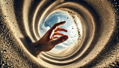 A detailed, focused image of a man reaching through a vortex of sand, with grains swirling around his hand.