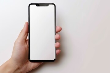 Smartphone mockup on hand with white blank screen created with Generative AI