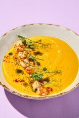 Pumpkin Cream Soup with Shrimp and Fresh Herbs on Pink Background