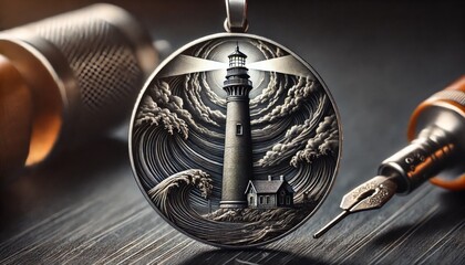 A detailed pendant featuring a lighthouse standing tall with dark, swirling storm clouds in the background.