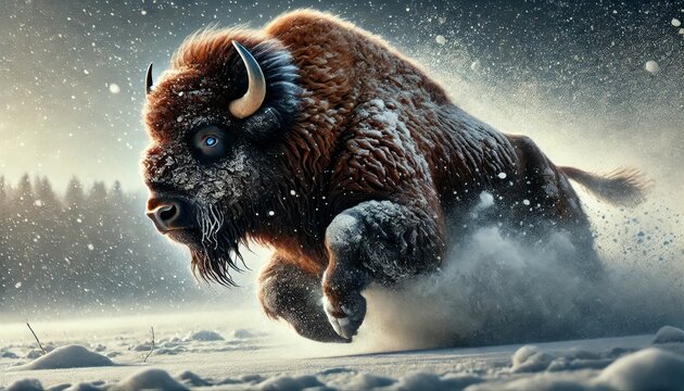 A powerful bison charging through a snowy landscape, snowflakes kicking up around its hooves, with a detailed and focused close-up shot, in a 16_9 rat.