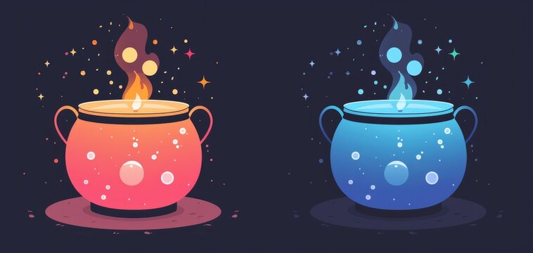 bubbling potion flat design front view mystical cauldron cartoon drawing Splitcomplementary color scheme