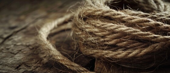 Fototapeta premium Natural twine coils with detailed textures, moody lighting, close up, rustic charm, realistic, Overlay, wooden table backdrop