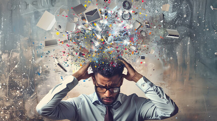 powerful visual metaphor of social media addiction, with a Business man head bursting open from the pressure of excessive information.information illustrated by a  brain exploding .