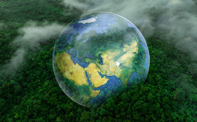 Aerial view of the green forest against the land. Demonstrates the concept of preserving the...