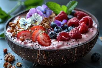 A smoothie bowl topped with fresh fruit, nuts, seeds, and edible flowers, presented in a coconut shell. 