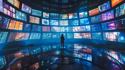 Explore the future of TV entertainment in a bustling metropolis as people gather around screens, captivated by online streaming channels. .