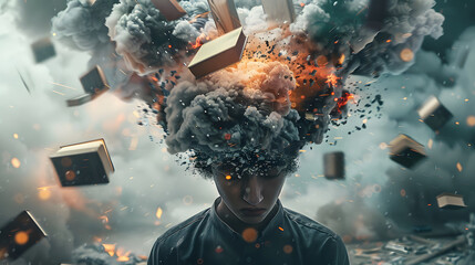 Business People head bursting with information data, symbolizing the overwhelming effects of media and social media addiction.powerful visual metaphor.