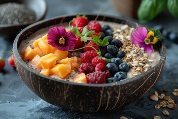 A smoothie bowl topped with fresh fruit, nuts, seeds, and edible flowers, presented in a coconut shell. 