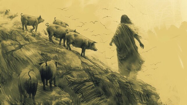 Biblical Illustration of Jesus casting out legion of demons into pigs.