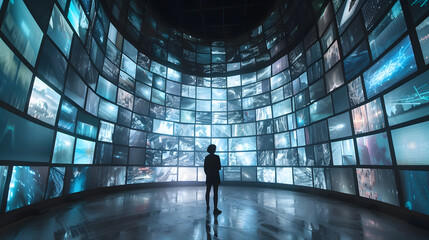 Explore the future of TV entertainment in a bustling metropolis as people gather around screens, captivated by online streaming channels. .