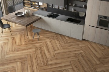 Elegant dining room interior with huge dinning space and storage rack for utensils, black countertop dining table with two chairs, window to city view, marble on floor and wall. Mockup. 3D Rendering