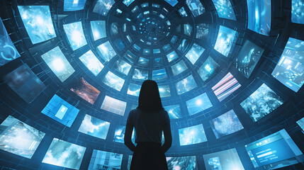 Explore the future of TV entertainment in a bustling metropolis as people gather around screens, captivated by online streaming channels. .social networking services, streaming videos. 